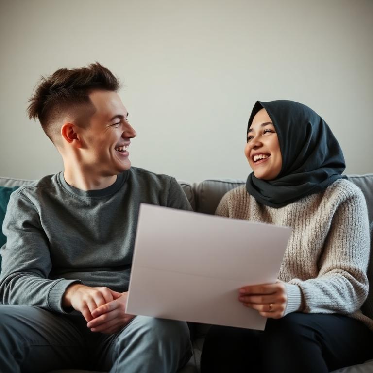 Ein nicht-binärer Mensch und eine Frau mit Hijab lachen auf dem Sofa