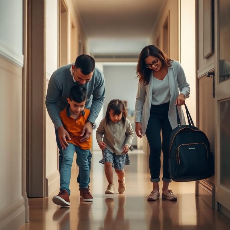 Ein Elternpaar zieht den Kindern im Flur die Schuhe an